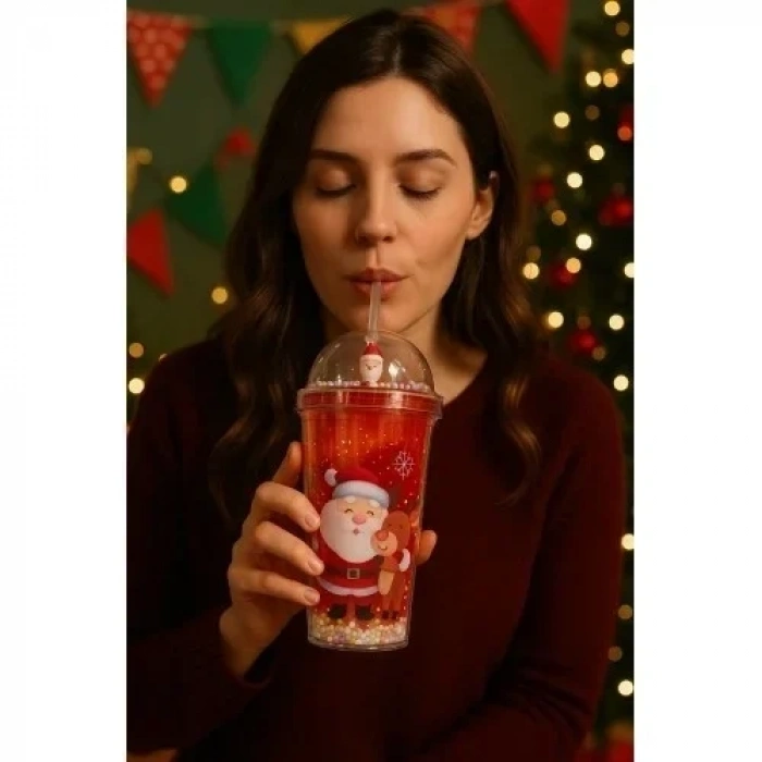 Noel Baba & Yeni Yıl  Temalı Pipetli Suluk 450 ML Çift Katman Mika Su Şişesi 2768-A