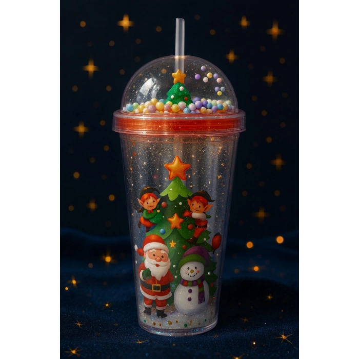 Noel Baba & Yılbaşı Temalı Pipetli Suluk 450 ML Çift Katman Mika Su Şişesi 2768