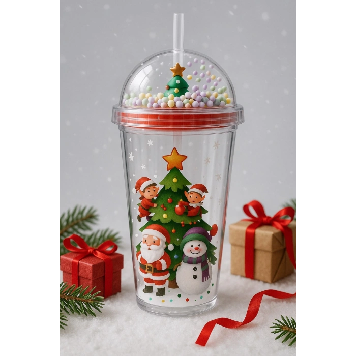 Noel Baba & Yılbaşı Temalı Pipetli Suluk 450 ML Çift Katman Mika Su Şişesi 2768