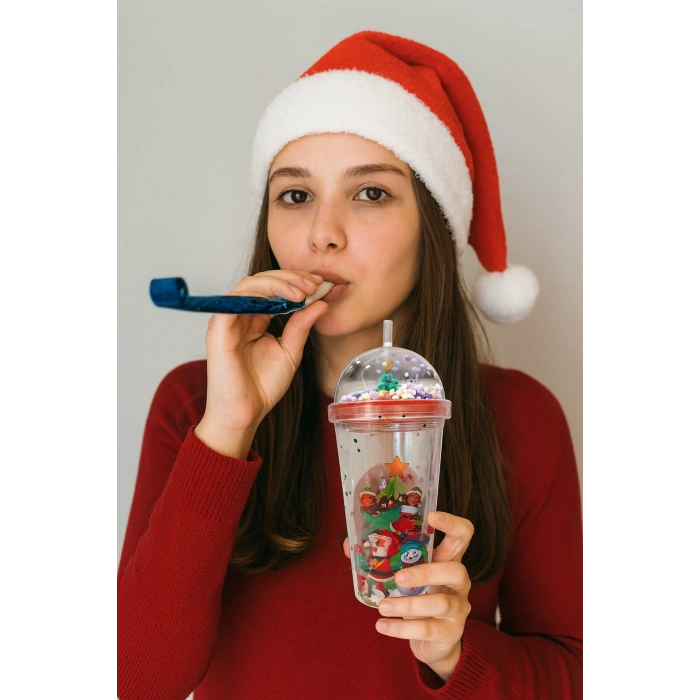 Noel Baba & Yılbaşı Temalı Pipetli Suluk 450 ML Çift Katman Mika Su Şişesi 2768