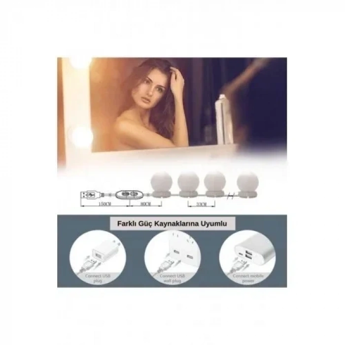 Nostalji Hollywood Tarzı 10lu Makyaj Aynası Lambası Beyaz Led Işıklı Lamba Usb
