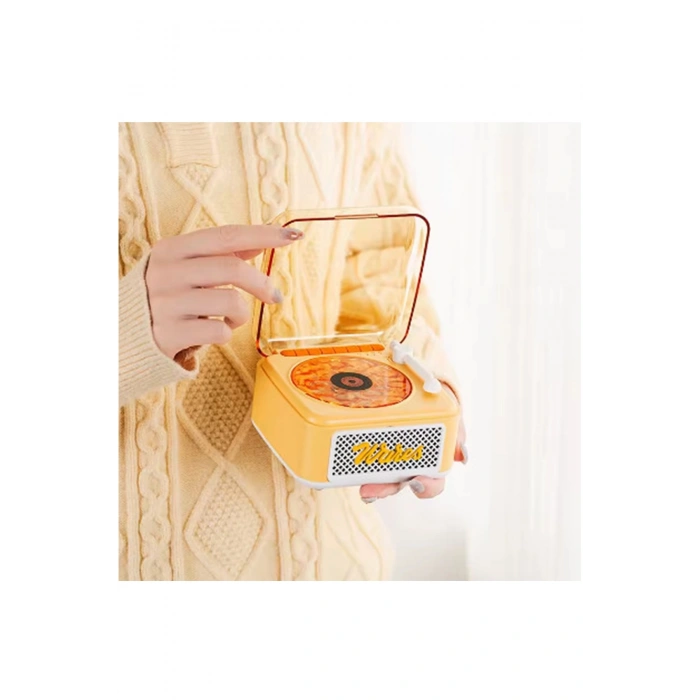 Nostalji Mini Plak Görünümlü Radyolu Bluetooth Hoparlör 3d Ses Dalgası Retro Müzik Plak Sarı