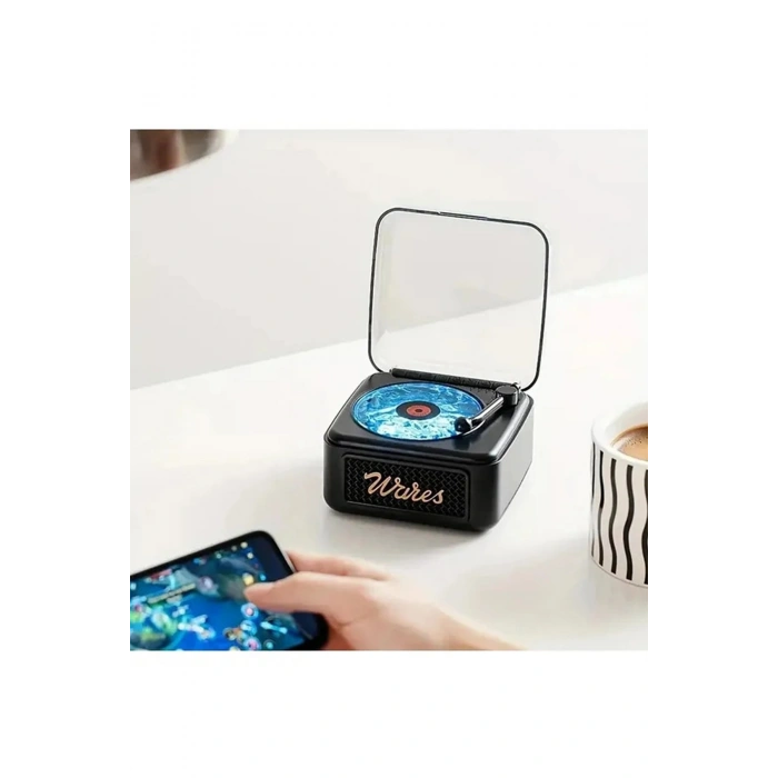Nostalji Mini Plak Görünümlü Radyolu Bluetooth Hoparlör 3d Ses Dalgası Retro Müzik Plak Siyah