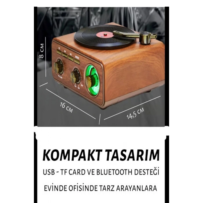Nostaljik Tasarım Plak Çalar Görünümlü Radyolu Bluetooth Hoparlör Retro Müzik Plak Açık Kahverengi