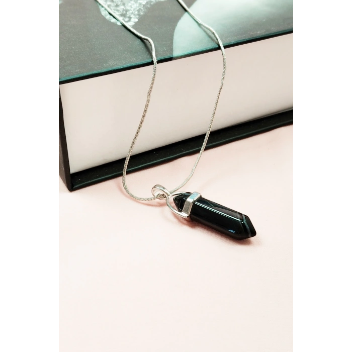 Obsidyen Doğal Taşı Zincirli El Yapımı Tasarımlı Kolye Uç: 3,5 cm Zincir: 20 cm Kutulu