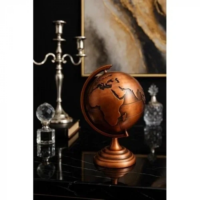 Ofis ve Ev Dekoru için Metal Dünya Küresi Bronz – Masaüstü Süs, 13x9 cm