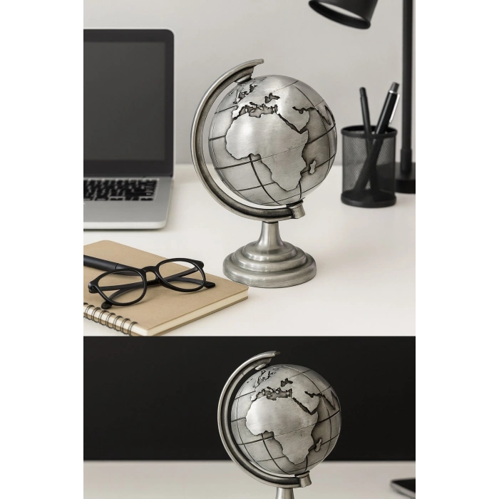Ofis ve Ev Dekoru için Metal Dünya Küresi Gri – Masaüstü Süs, 13x9 cm