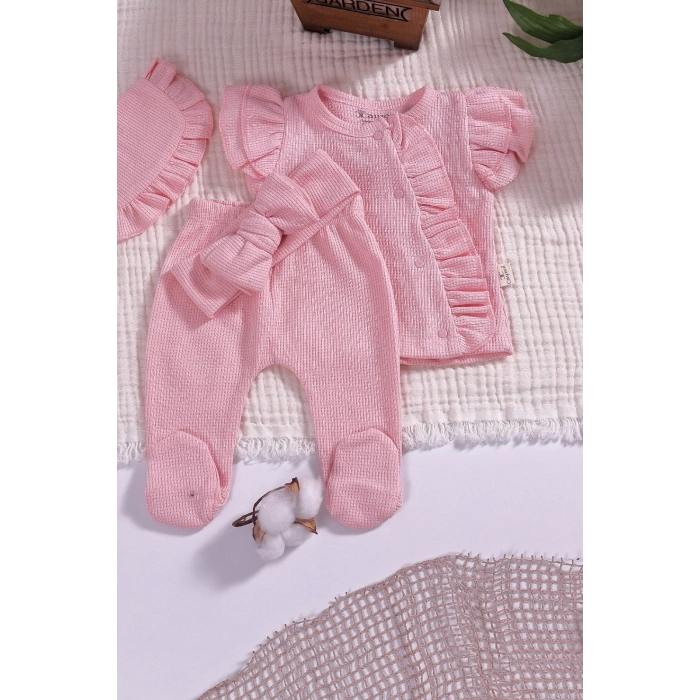 Omuzdan Fırfır Detaylı 5 parça %100 Pamuk Kız Hastane Çıkışı