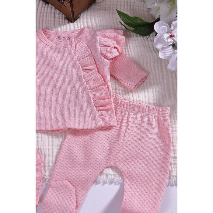 Omuzdan Fırfır Detaylı 5 parça %100 Pamuk Kız Hastane Çıkışı