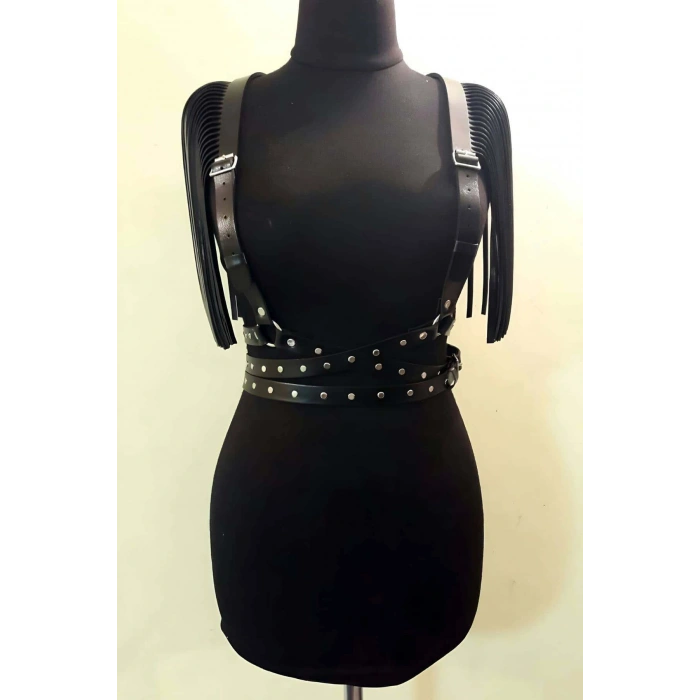 Omuzları Püskül Detaylı Deri Kemer, Askılı Püsküllü Deri Harness - Brf1004