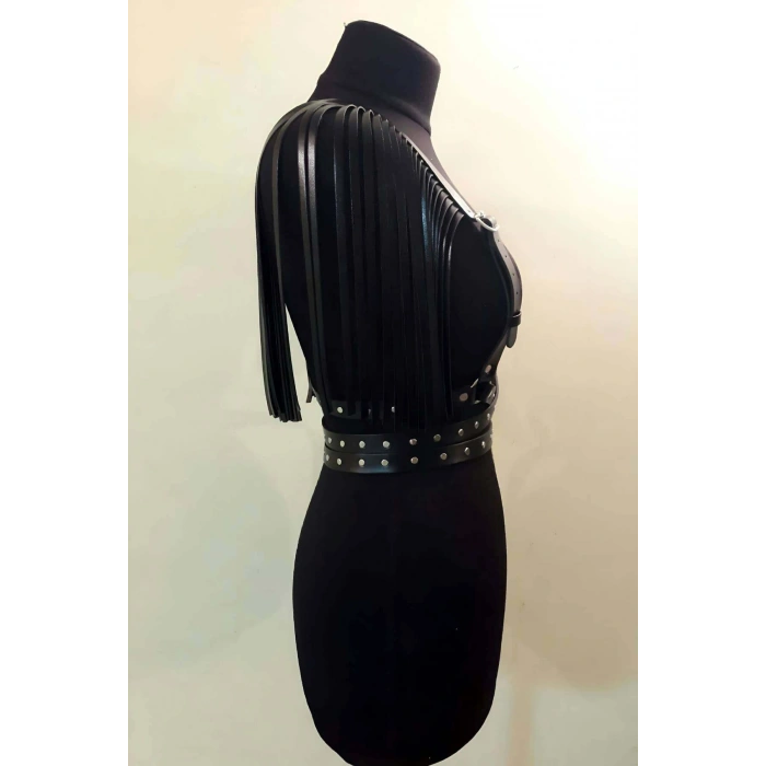 Omuzları Püskül Detaylı Deri Kemer, Askılı Püsküllü Deri Harness - Brf1004