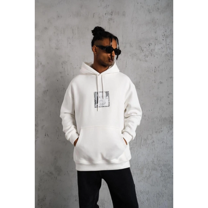 Ön Arka Baskılı Kapşonlu Sweat - Beyaz -