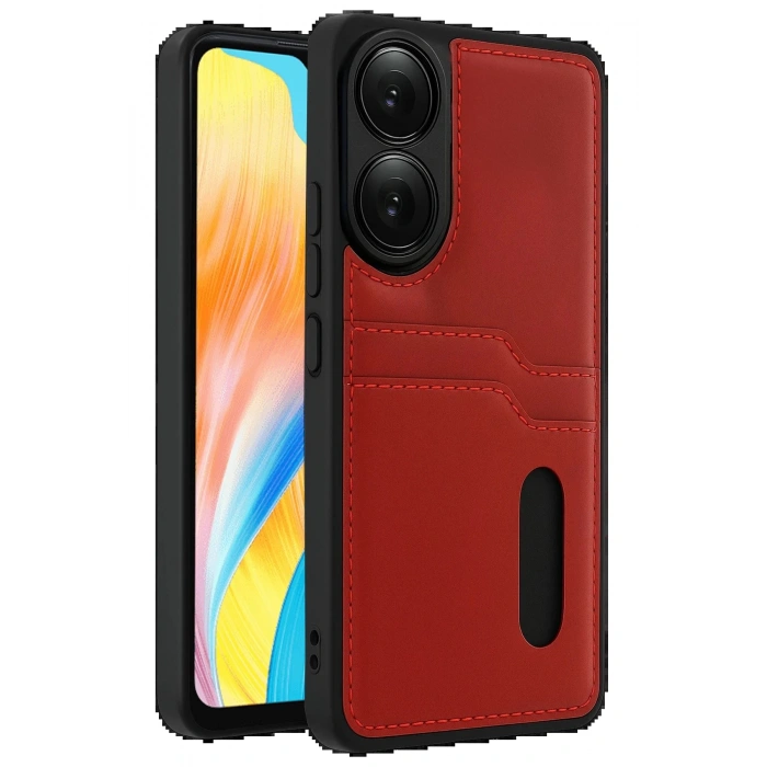 Oppo A38 Sara Kartvizitli Deri Kılıf - Kırmızı