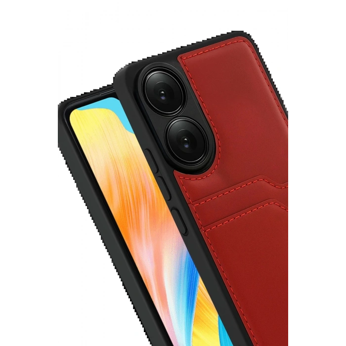 Oppo A38 Sara Kartvizitli Deri Kılıf - Kırmızı