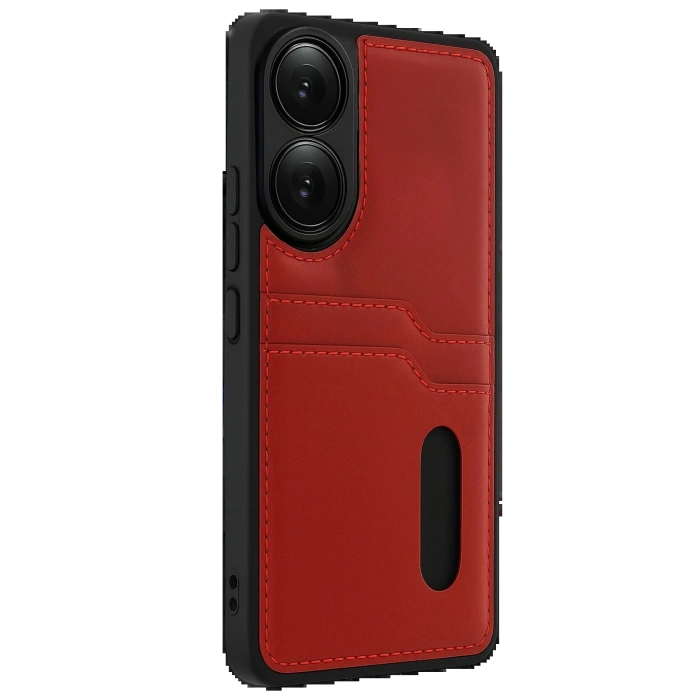 Oppo A38 Sara Kartvizitli Deri Kılıf - Kırmızı