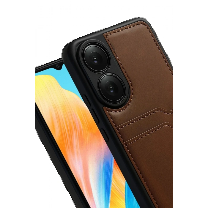 Oppo A38 Sara Kartvizitli Deri Kılıf - Taba