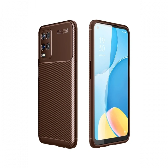 Oppo A54 4G Kılıf Auto Focus Karbon Kapak - Kahverengi