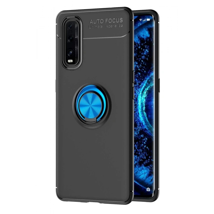 Oppo Find X2 Kılıf Range Yüzüklü Silikon - Siyah-Mavi