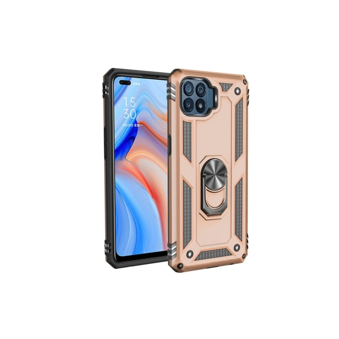 Oppo Reno 4 Lite Kılıf Sofya Yüzüklü Silikon Kapak - Gold