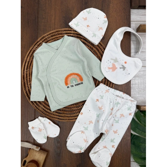 Organik Pamuklu Gökkuşagı Nakışlı Yenidoğan 5li Hastane Çıkışı Seti