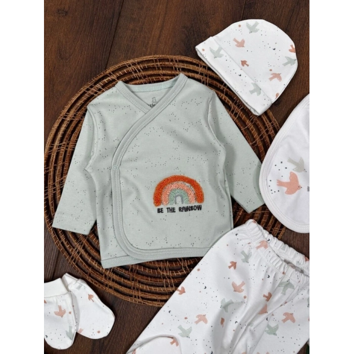 Organik Pamuklu Gökkuşagı Nakışlı Yenidoğan 5li Hastane Çıkışı Seti