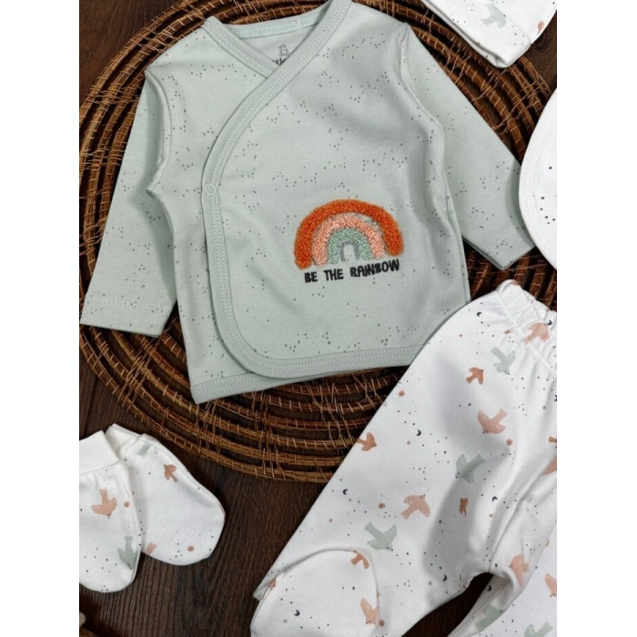 Organik Pamuklu Gökkuşagı Nakışlı Yenidoğan 5li Hastane Çıkışı Seti