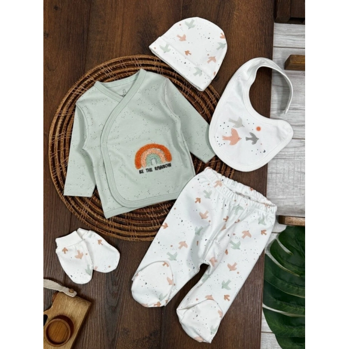 Organik Pamuklu Gökkuşagı Nakışlı Yenidoğan 5li Hastane Çıkışı Seti