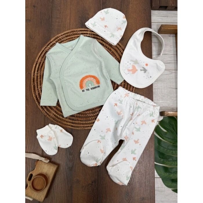 Organik Pamuklu Gökkuşagı Nakışlı Yenidoğan 5li Hastane Çıkışı Seti