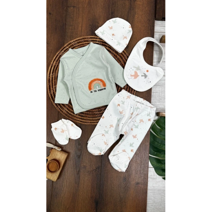 Organik Pamuklu Gökkuşagı Nakışlı Yenidoğan 5li Hastane Çıkışı Seti