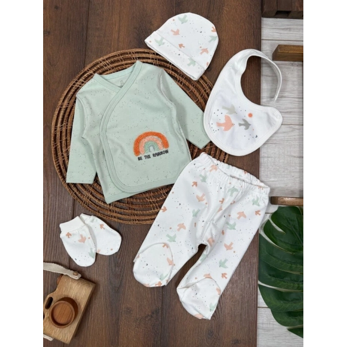 Organik Pamuklu Gökkuşagı Nakışlı Yenidoğan 5li Hastane Çıkışı Seti