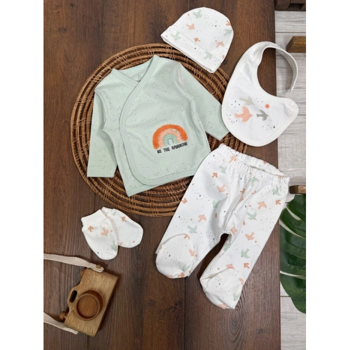 Organik Pamuklu Gökkuşagı Nakışlı Yenidoğan 5li Hastane Çıkışı Seti