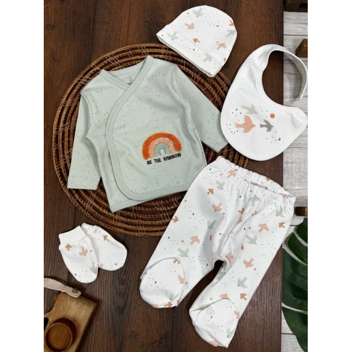 Organik Pamuklu Gökkuşagı Nakışlı Yenidoğan 5li Hastane Çıkışı Seti