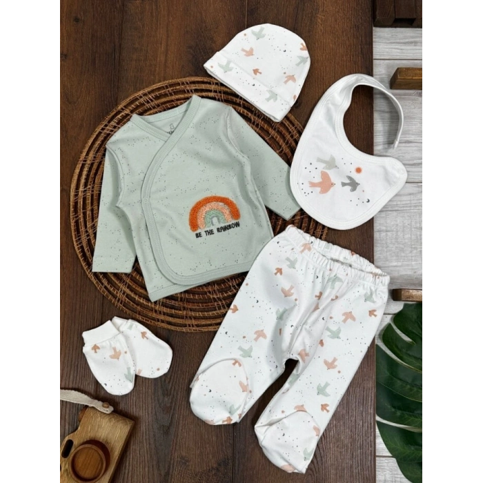 Organik Pamuklu Gökkuşagı Nakışlı Yenidoğan 5li Hastane Çıkışı Seti