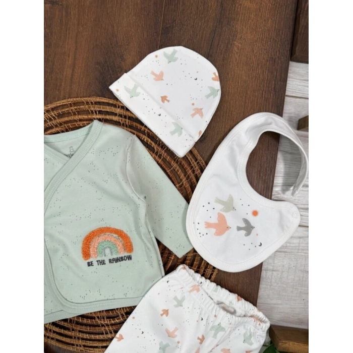 Organik Pamuklu Gökkuşagı Nakışlı Yenidoğan 5li Hastane Çıkışı Seti