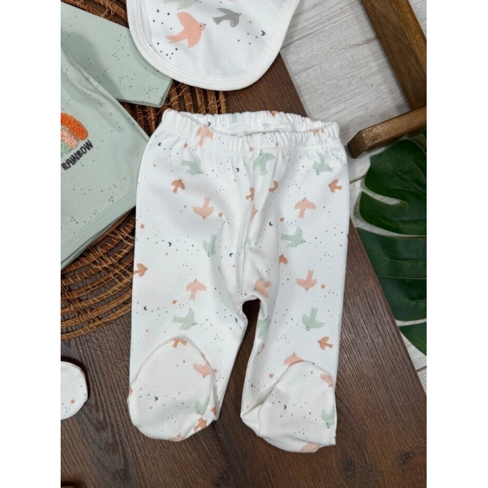 Organik Pamuklu Gökkuşagı Nakışlı Yenidoğan 5li Hastane Çıkışı Seti