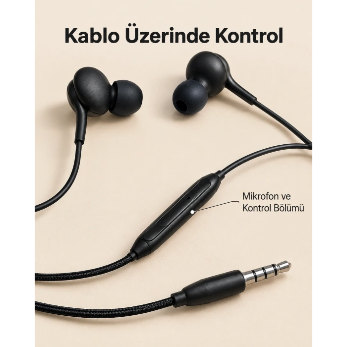 Örgü Kablo Detaylı Siyah Mikrofonlu Kulaklık