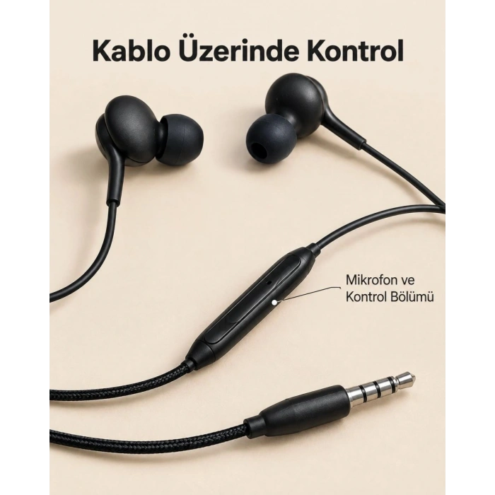 Örgü Kablo Detaylı Siyah Mikrofonlu Kulaklık
