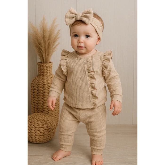 Orkide Desenli Fisto Detaylı 3 Parça Kız Bebek Takımı %100 Pamuk