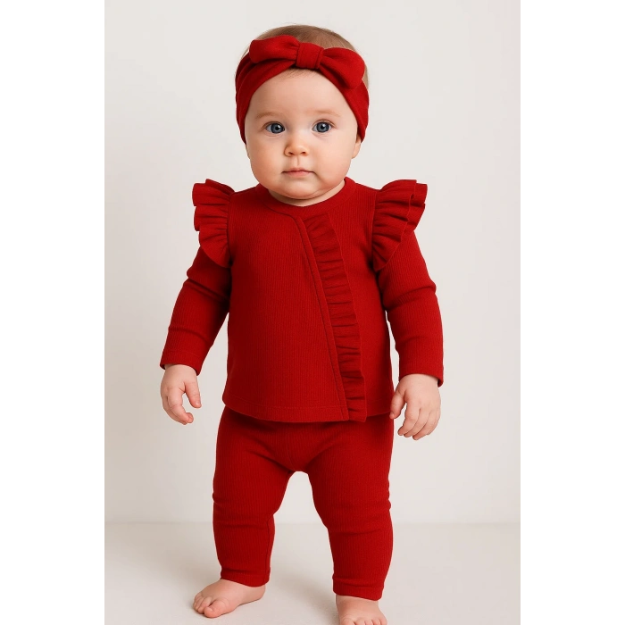 Orkide Desenli Fisto Detaylı 3 Parça Kız Bebek Takımı %100 Pamuk