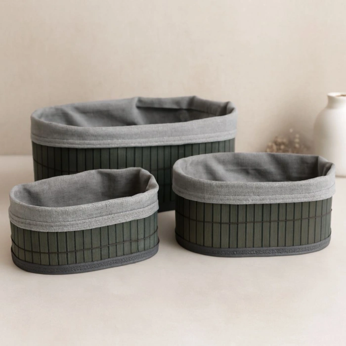 Oval Bambu Kenarlı 3lü Organizer Sepet Seti - Gri