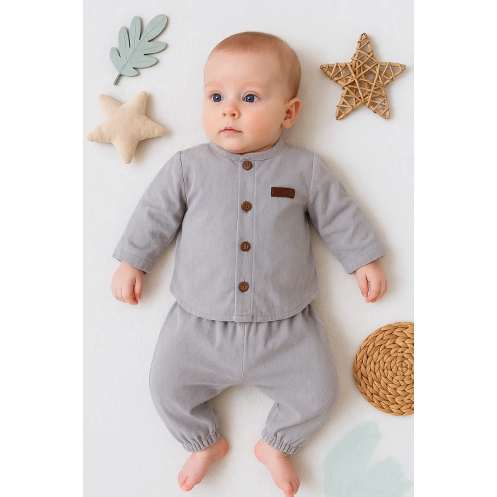 Oval Kesim 5 Düğmeli Müslin Kumaş 2li Erkek Bebek Takımı