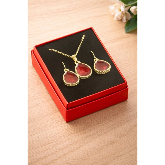 Oval Mineli Kutulu Kolye Set