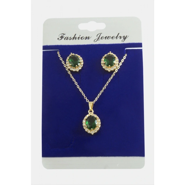 Oval Zirkon Taşlı Set Kolye