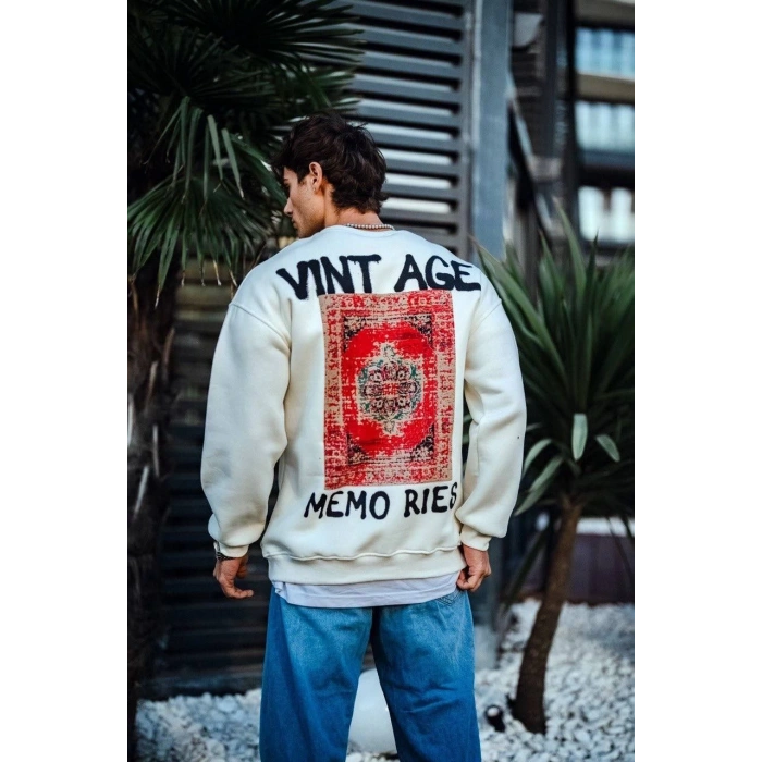 Oversize Bisiklet Yaka Üç İplik Baskılı SweatShirt - Beyaz -