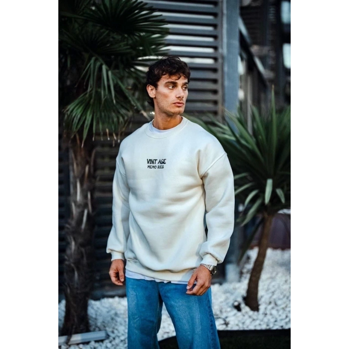 Oversize Bisiklet Yaka Üç İplik Baskılı SweatShirt - Beyaz -