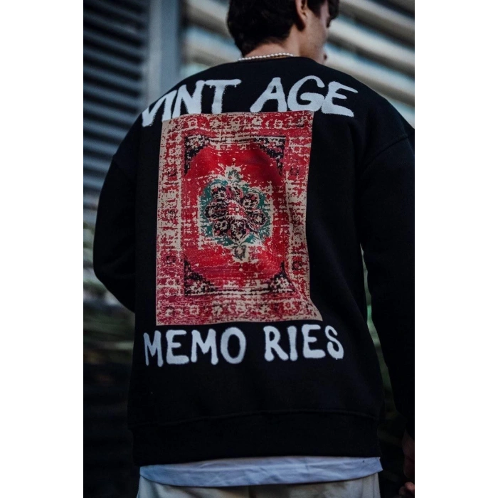 Oversize Bisiklet Yaka Üç İplik Baskılı SweatShirt - Siyah -