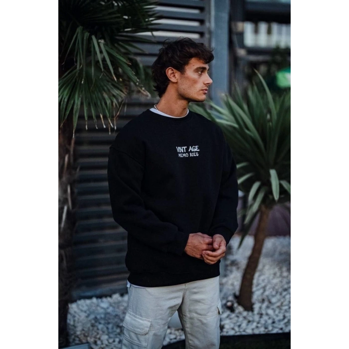 Oversize Bisiklet Yaka Üç İplik Baskılı SweatShirt - Siyah -