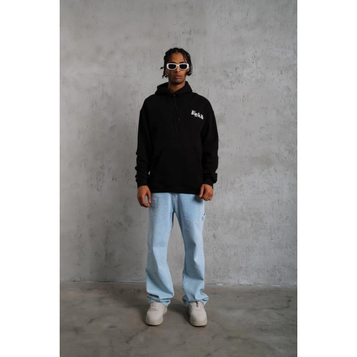Oversize Kapüşonlu Sweat – Siyah Kol ve Etek Ribana Detaylı -