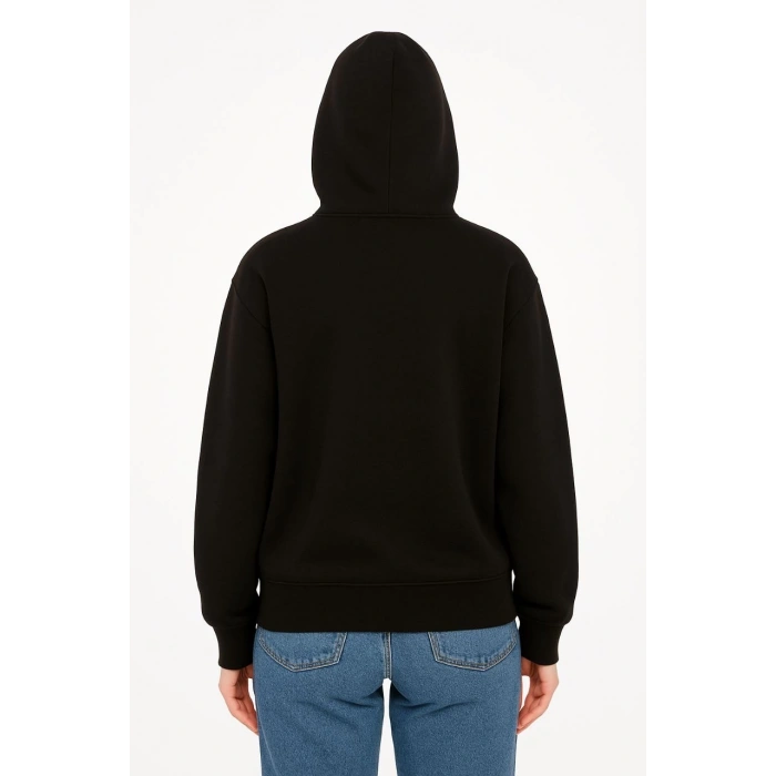 Oversize Kapüşonlu Sweatshirt  Hoodie 3 İplik Şardonlu Pamuklu Kumaş, Önü Baskılı, Fermuarlı Rahat Kalıp, Kışlık ve Sokak Stili Sweat - Siyah