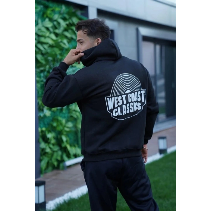 Oversize Kapüşonlu Sweatshirt – Siyah Sırt ve Ön Baskılı-Siyah -